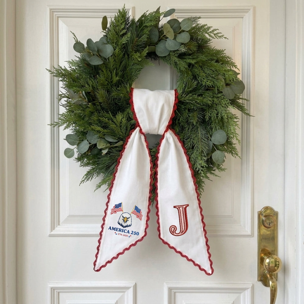 Patriotic Wreath Sash for Front Door, US Flag Door Wreath Decor, 54x5 in Personalized Initial Wreath Ribbon, Monogram Embroidered Sash for Holiday, 4th of July Wreath Sashes for Porch