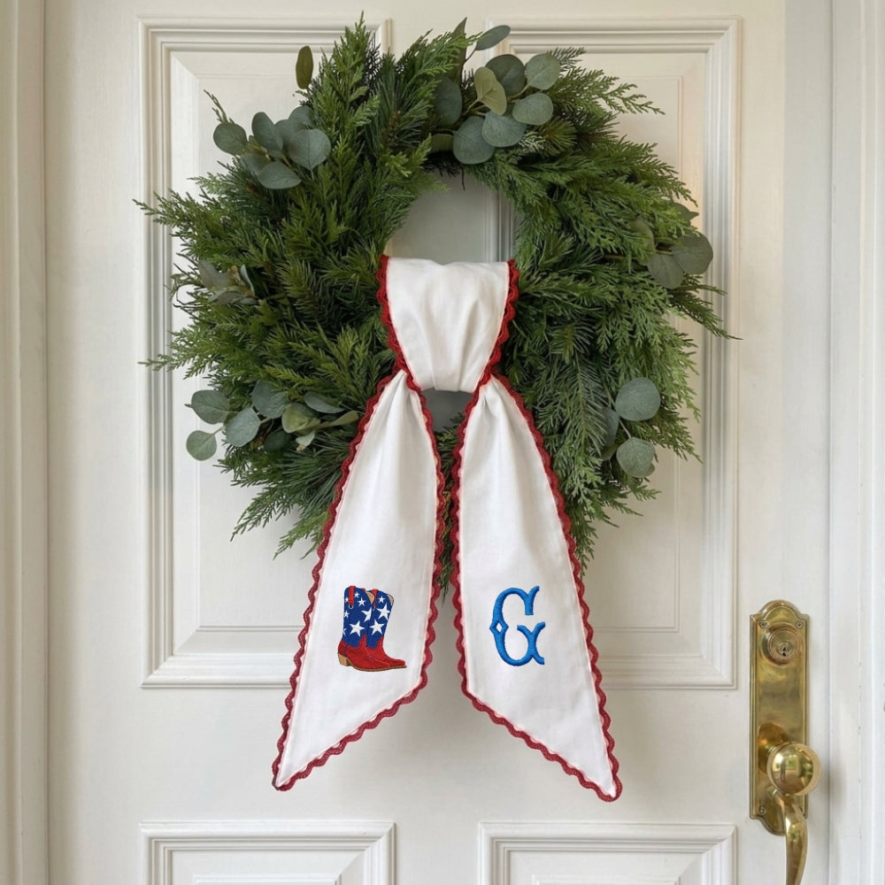 Patriotic Wreath Sash for Front Door, Western Cowboy US Flag Door Wreath Decor, 54x5 in Personalized Initial Wreath Ribbon, Monogram Embroidered Sash for Holiday, 4th of July Wreath Sashes, Housewarming Gifts