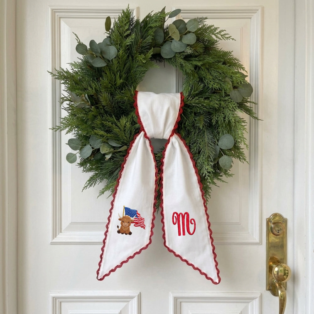Patriotic Wreath Sash for Front Door, Highland Cow with US Flag Door Wreath Decor, 54x5 in Personalized Initial Wreath Ribbon, Monogram Embroidered Sash for Holiday, 4th of July Wreath Sashes, Housewarming Gifts