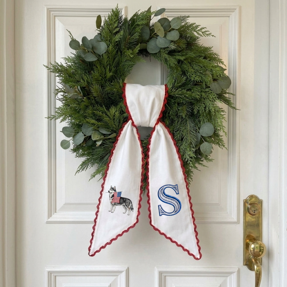 Husky with US Flag Wreath Sash for Front Door, Personalized Initial Name Wreath Sash, Patriotic Wreath Sash, Monogramed Embroidered Ribbon with Adjustable Bow Knot Farmhouse Door Wreath Decor, 4th July Gift for Family Friends