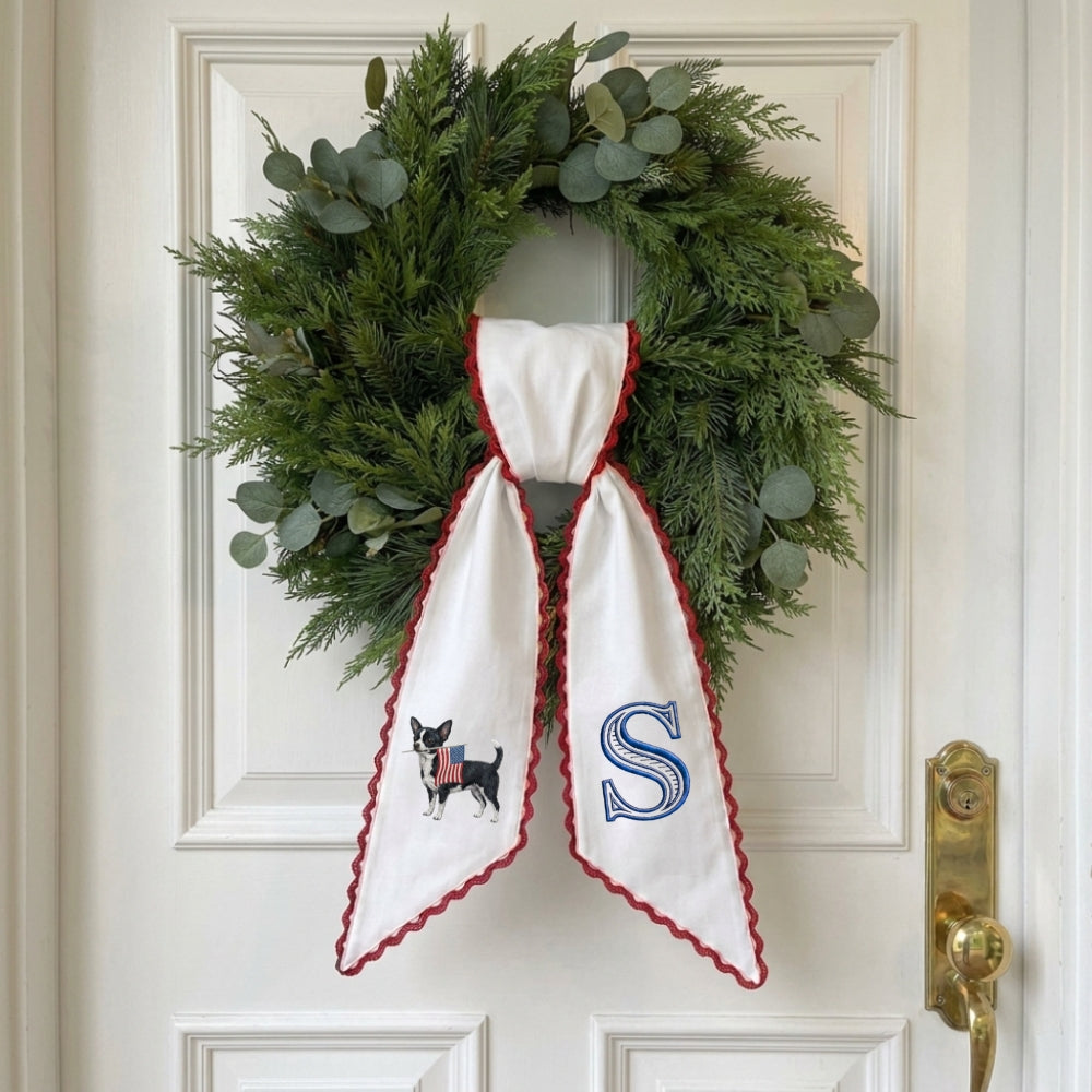 Chihuahua with US Flag Wreath Sash for Front Door, Personalized Initial Name Wreath Sash, Patriotic Wreath Sash, Monogramed Embroidered Ribbon with Adjustable Bow Knot Farmhouse Door Wreath Decor, 4th July Gift for Family Friends