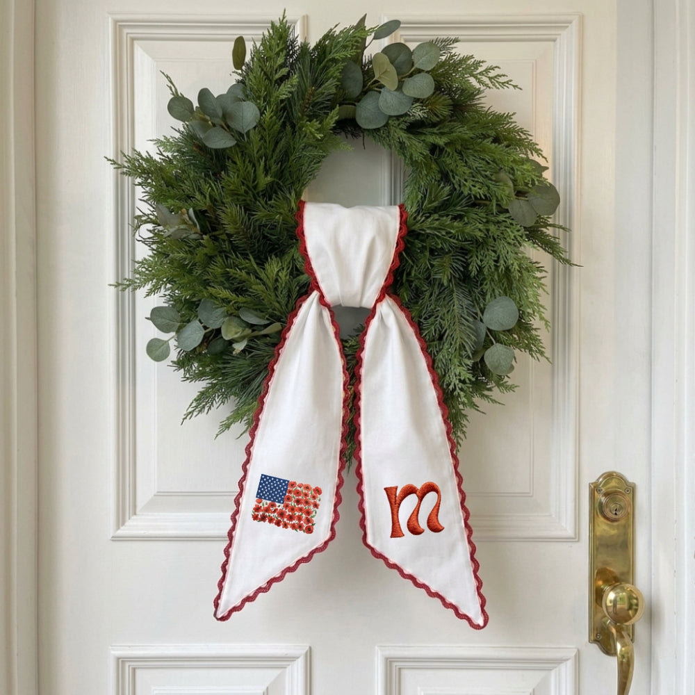 US Flag Door Wreath Decor, Patriotic Wreath Sash for Front Door, 54x5 in Personalized Initial Wreath Ribbon, Poppy Flowers Monogram Embroidered Sash for Holiday, 4th of July Wreath Sashes