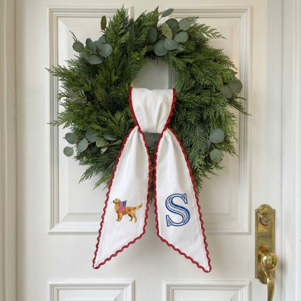 Golden Retriever with US Flag Wreath Sash for Front Door, Personalized Initial Name Wreath Sash, Patriotic Wreath Sash, Monogramed Embroidered Ribbon with Adjustable Bow Knot Farmhouse Door Wreath Decor, 4th July Gift for Family Friends