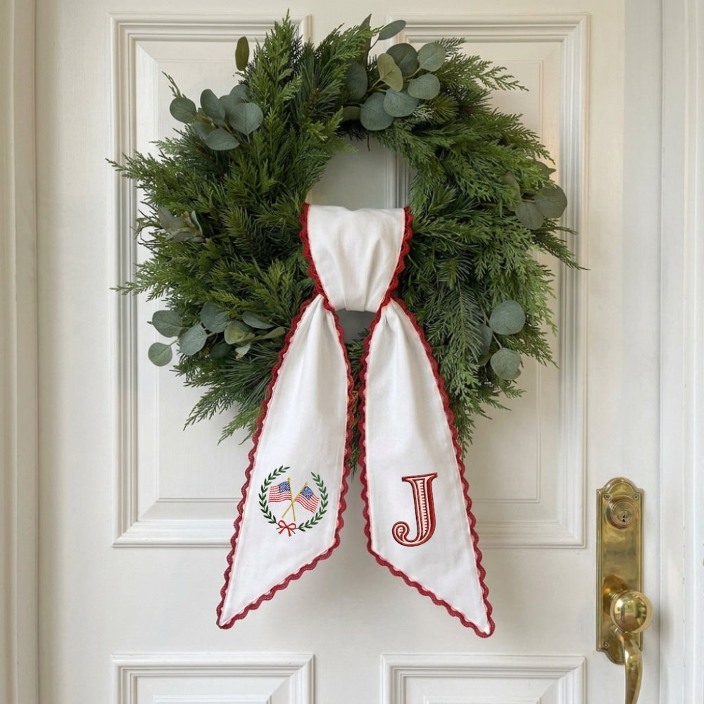 Patriotic Wreath Sash for Front Door, US Flag Door Wreath Decor, 54x5 in Personalized Initial Wreath Ribbon, Monogram Embroidered Sash for Holiday, 4th of July Wreath Sashes, Housewarming Gifts