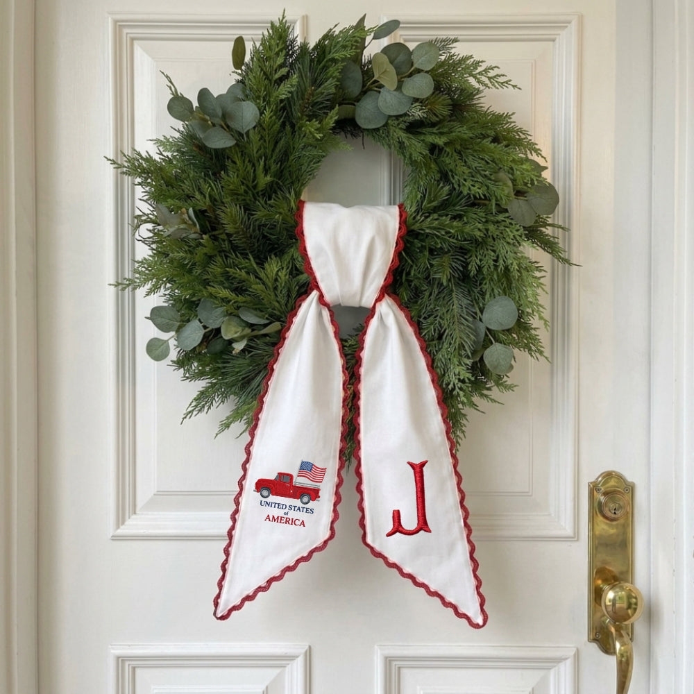 Patriotic Wreath Sash for Front Door, Red Truck US Flag Door Wreath Decor, 54x5 in Personalized Initial Wreath Ribbon, Monogram Embroidered Sash for Holiday, 4th of July Wreath Sashes, Housewarming Gifts