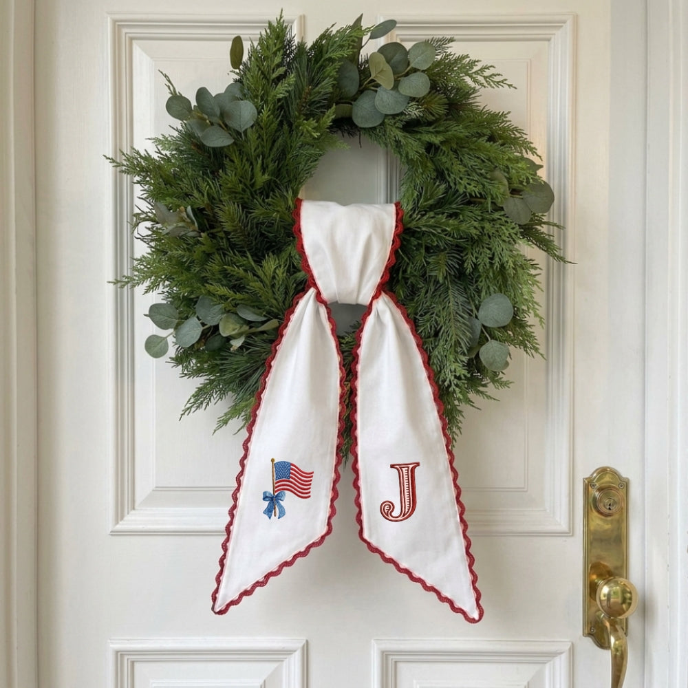 Patriotic Wreath Sash for Front Door, Bow with US Flag Door Wreath Decor, 54x5 in Personalized Initial Wreath Ribbon, Monogram Embroidered Sash for Holiday, 4th of July Wreath Sashes, Housewarming Gifts