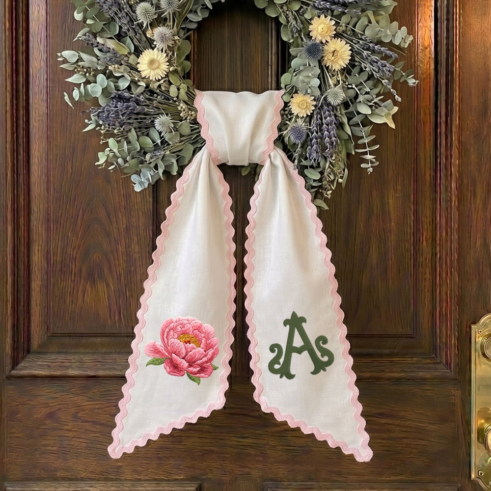 Peony Wreath Sash for Front Door, Flowers Wreath Sash 54x5 Inch, Personalized Initial Monogram Sash, Peony Front Door Decor, Embroidered Bow Wreath Sashes