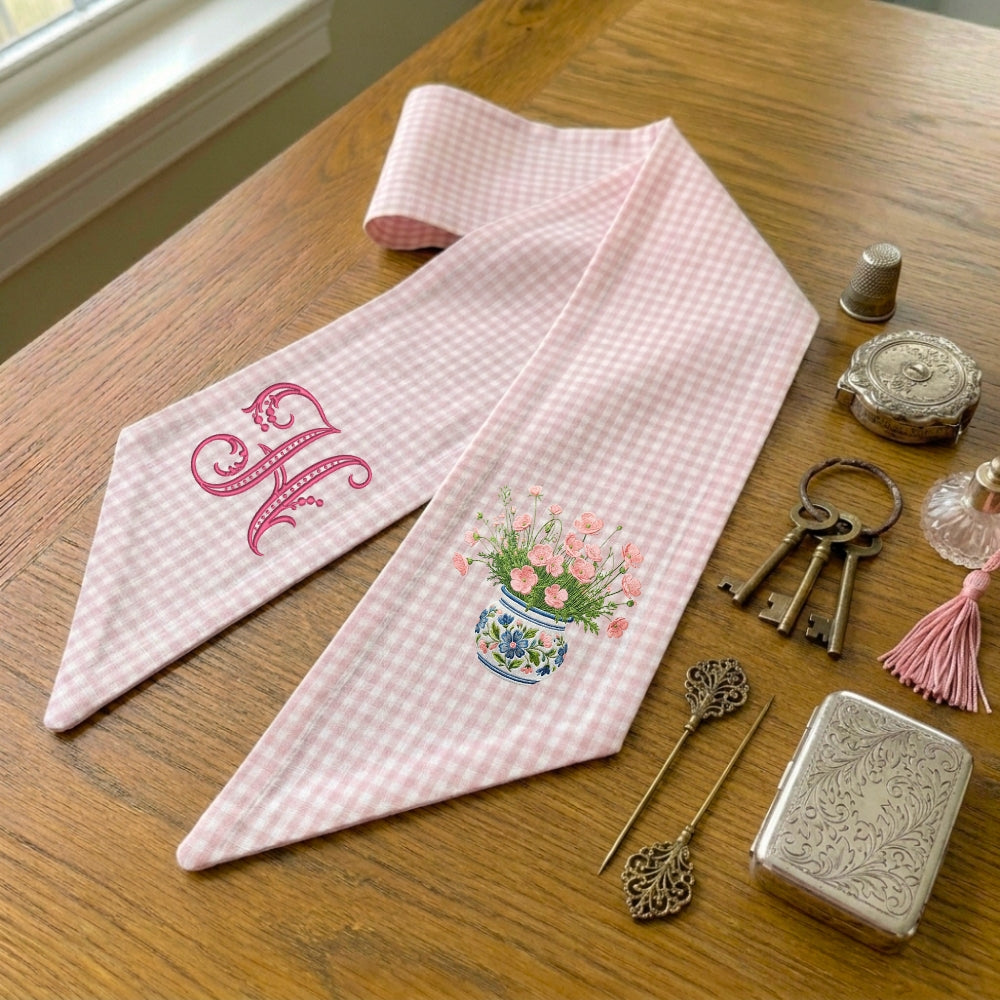 Pink Flowers Wreath Sash for Front Door, Embroidered Flower Wreath Sash 54x5 Inch, Personalized Initial Monogram Sash Front Door Decor, Bow Wreath Sashes for Family Friends