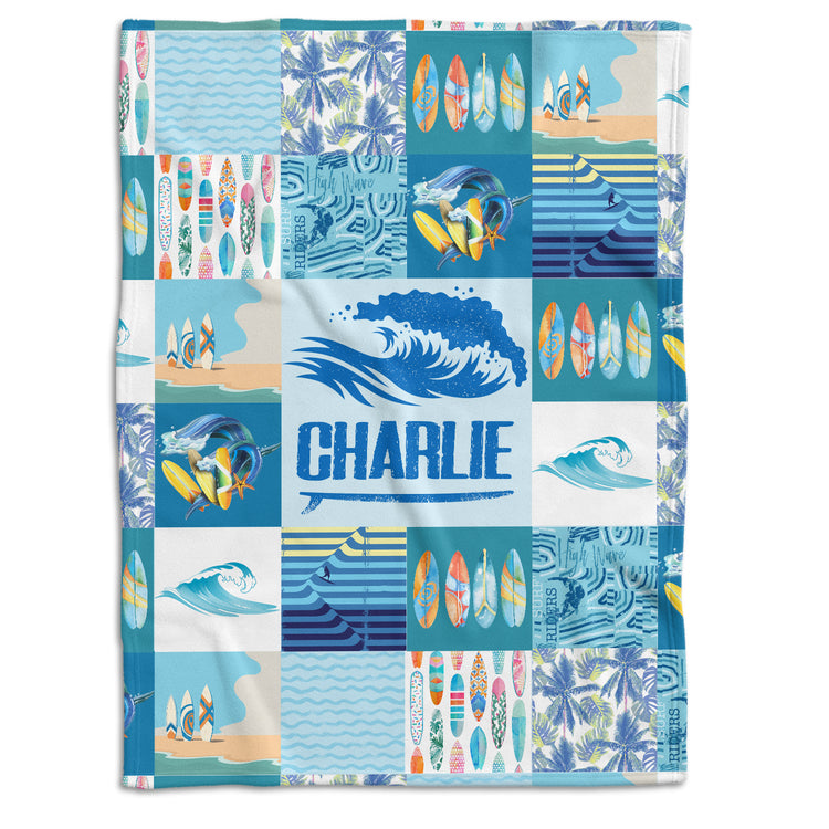 Surfer Baby Blankets, Surfboard Baby Blanket, Personalized Baby Blankets for Boys Surfing, Custom Baby Blankets Name for Girls, Beach Swaddle Blanket, Blue Plush Blankets for Newborn Toddlers Kids