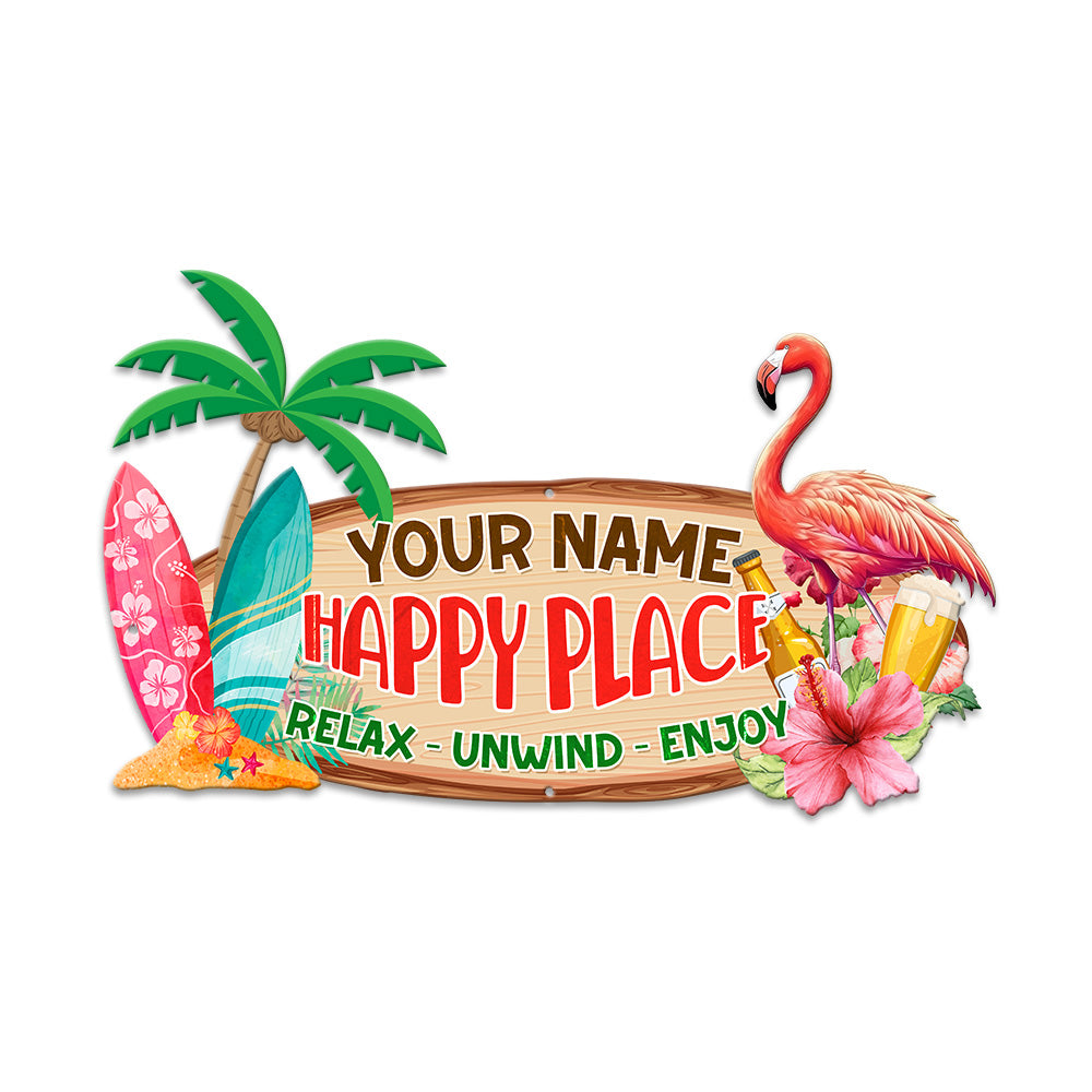 MeMate Flamingo Happy Place Signs, Flamingo House Outdoor Décor, Flamingo House Metal Sign, Personalized Flamingo Tropical Sign, Flamingo Metal Sign Housewarming Gift for Family Friend