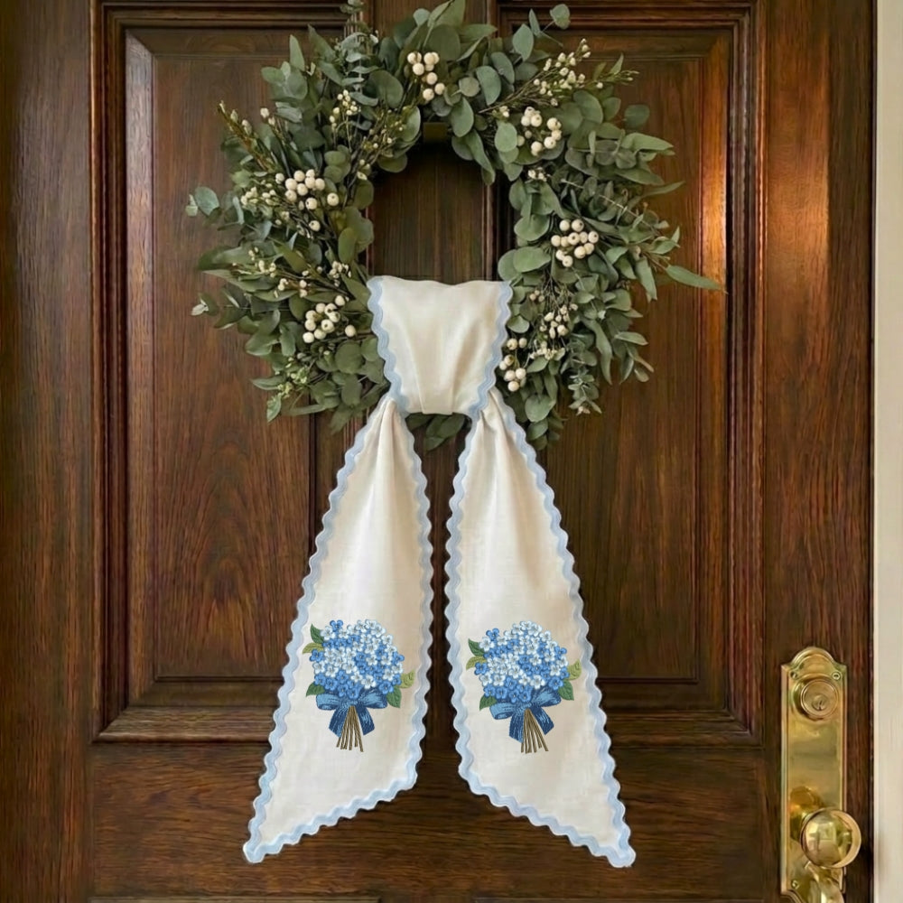 Blue Hydrangea Wreath Sash for Front Door, Personalized Initial Name Wreath Sash, Monogramed Embroidered Ribbon with Adjustable Bow Knot Farmhouse Door Wreath Decor, Gift for Family Friends