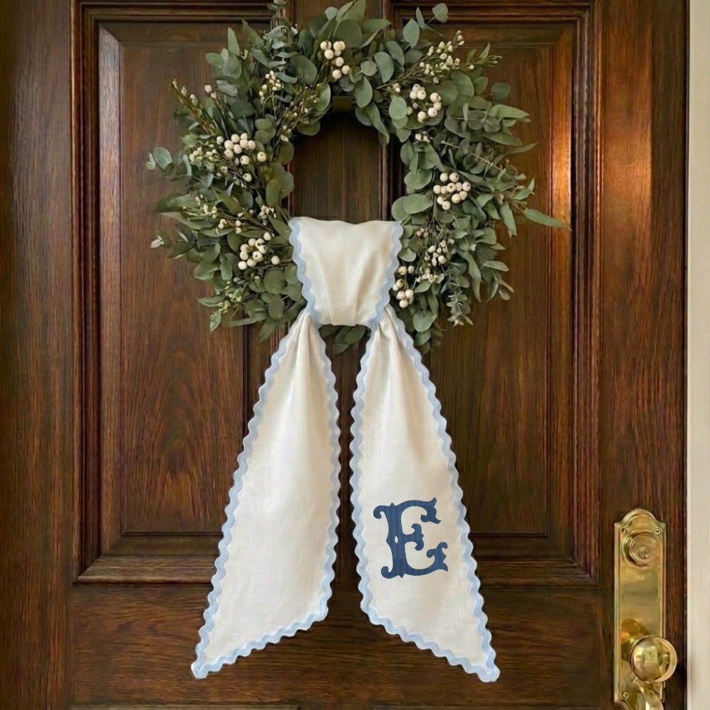 Monogram Wreath Sash Bow for Front Door, Personalized Initial Name Wreath Sash, Monogramed Embroidered Ribbon with Adjustable Bow Knot Farmhouse Door Wreath Decor, Gift for Family Friends