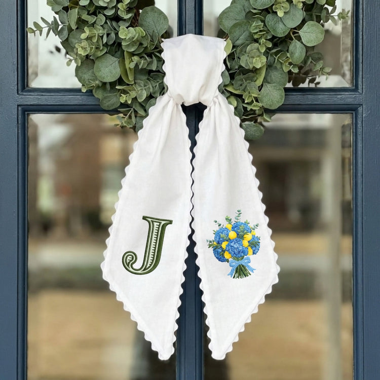 Blue Hydrangea With Lemon Wreath Sash for Front Door, Personalized Initial Name Wreath Sash, Monogramed Embroidered Ribbon with Adjustable Bow Knot Farmhouse Door Wreath Decor, Gift for Family Friends )
