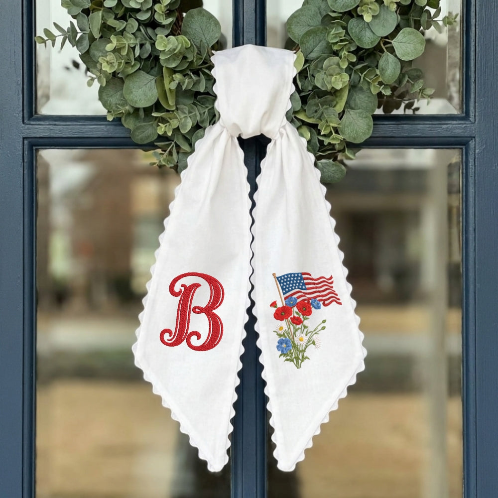 US Flag WithFlowers Patriotic Wreath Sash 54x5 Inch, Wreath Sash for Front Door, Personalized Embroidered Monogram Sash, Independence Day Front Door Decor, America Flag with Bow Wreath Sashes