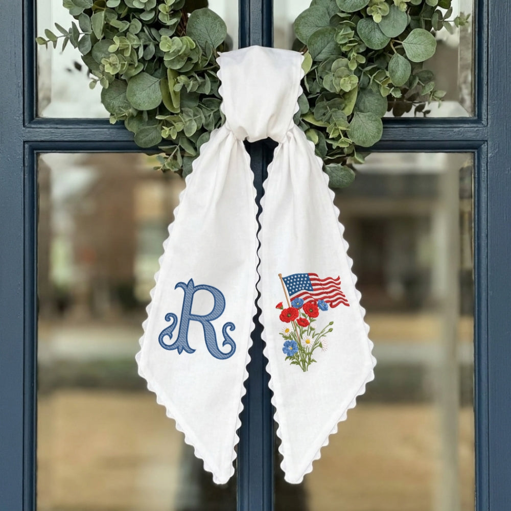 US Flag With Flowers Wreath Sash for Front Door, Patriotic Wreath Sash 54x5 Inch, Personalized Embroidered Monogram Sash, Independence Day Front Door Decor, America Flag with Bow Wreath Sashes