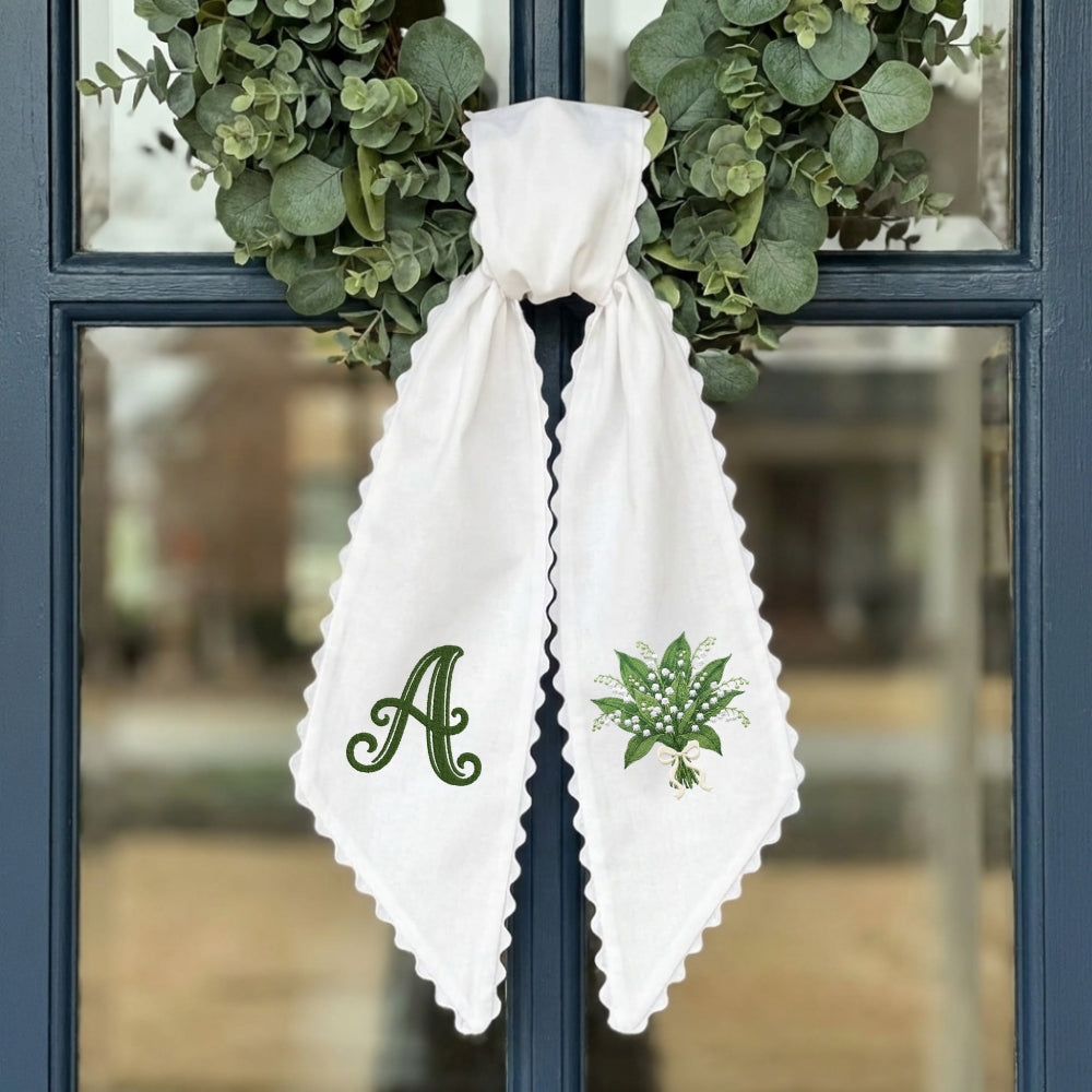 Lily Of The Valley Wreath Sash for Front Door, Embroidered Flowers Wreath Sash 54x5 Inch, Personalized Initial Monogram Sash Front Door Decor, Lily Of The Valley Bouquet Wreath Sashes