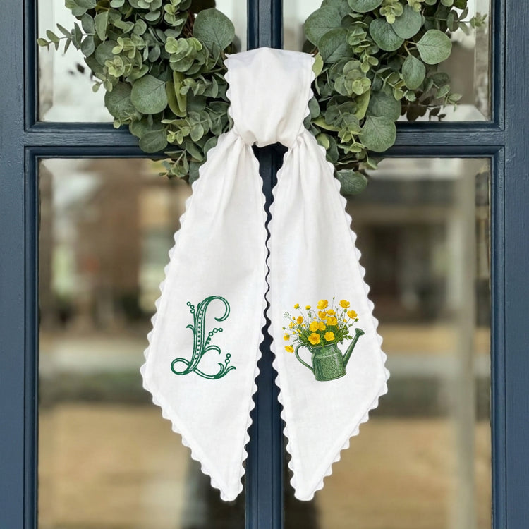 Flowers Wreath Sash for Front Door, Embroidered Flower Wreath Sash 54x5 Inch, Personalized Initial Monogram Sash Front Door Decor, Bow Wreath Sashes for Family Friends