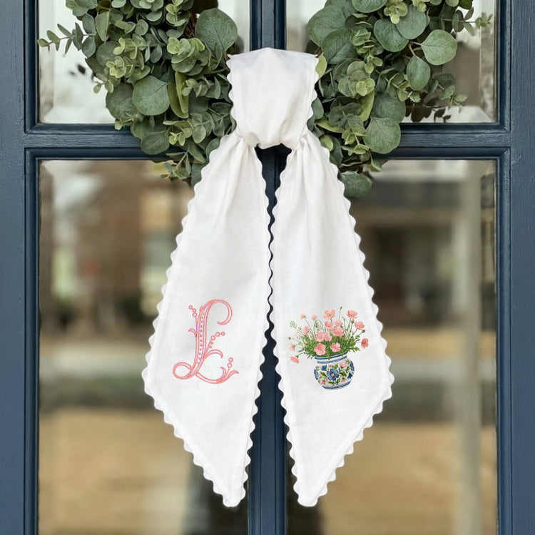 Pink Flowers Wreath Sash for Front Door, Embroidered Flower Wreath Sash 54x5 Inch, Personalized Initial Monogram Sash Front Door Decor, Bow Wreath Sashes for Family Friends
