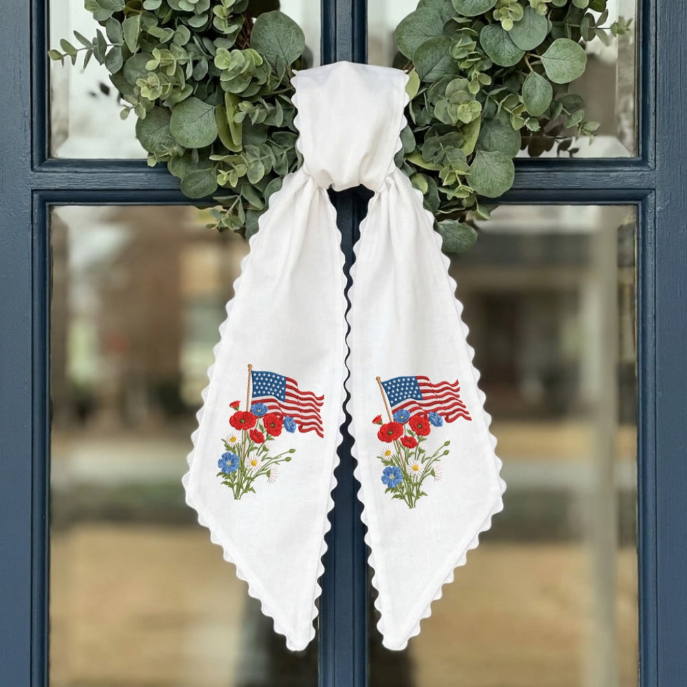 US Flag With Flowers Wreath Sash for Front Door, Patriotic Wreath Sash 54x5 Inch, Personalized Embroidered Monogram Sash, Independence Day Front Door Decor, America Flag with Bow Wreath Sashes