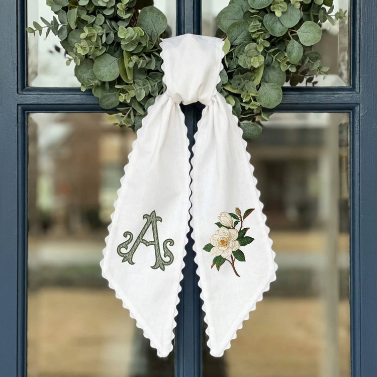 Magnolia Wreath Sash for Front Door, Flowers Wreath Sash 54x5 Inch, Personalized Embroidered Monogram Sash, Magnolia Front Door Decor, Summer Bow Wreath Sashes