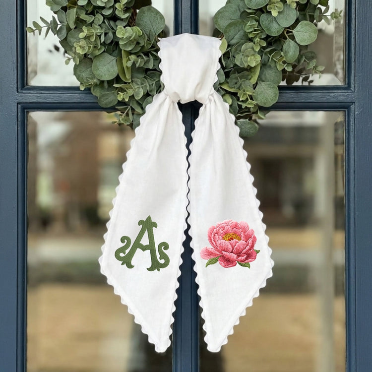 Peony Wreath Sash for Front Door, Flowers Wreath Sash 54x5 Inch, Personalized Initial Monogram Sash, Peony Front Door Decor, Embroidered Bow Wreath Sashes