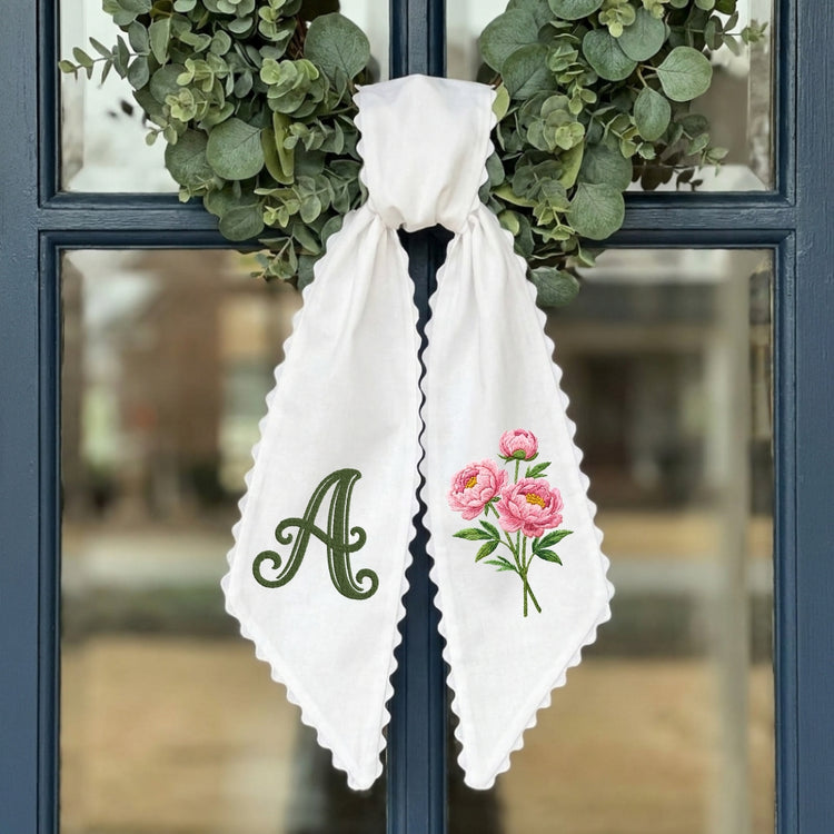 Peony Wreath Sash for Front Door, Flowers Wreath Sash 54x5 Inch, Personalized Initial Monogram Sash, Peony Bouquet Front Door Decor, Embroidered Bow Wreath Sashes