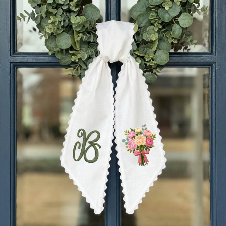 Peony Bouquet Wreath Sash for Front Door, Embroidered Flowers Wreath Sash 54x5 Inch, Personalized Initial Monogram Sash, Peony Front Door Decor, Bow Wreath Sashes