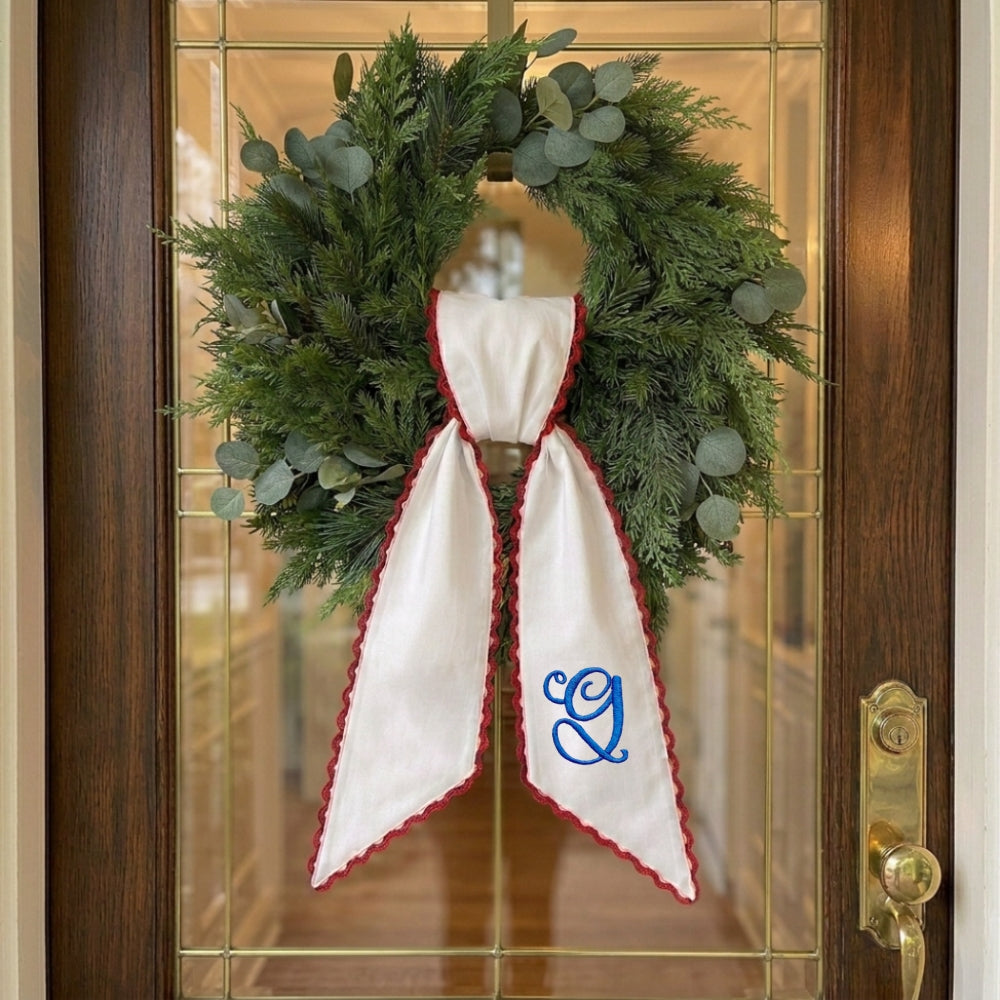 Patriotic Wreath Sash for Front Door, Red White Blue Flowers US Flag Door Wreath Decor, 54x5 in Personalized Initial Wreath Ribbon, Monogram Embroidered Sash for Holiday, 4th of July Wreath Sashes, Housewarming Gifts
