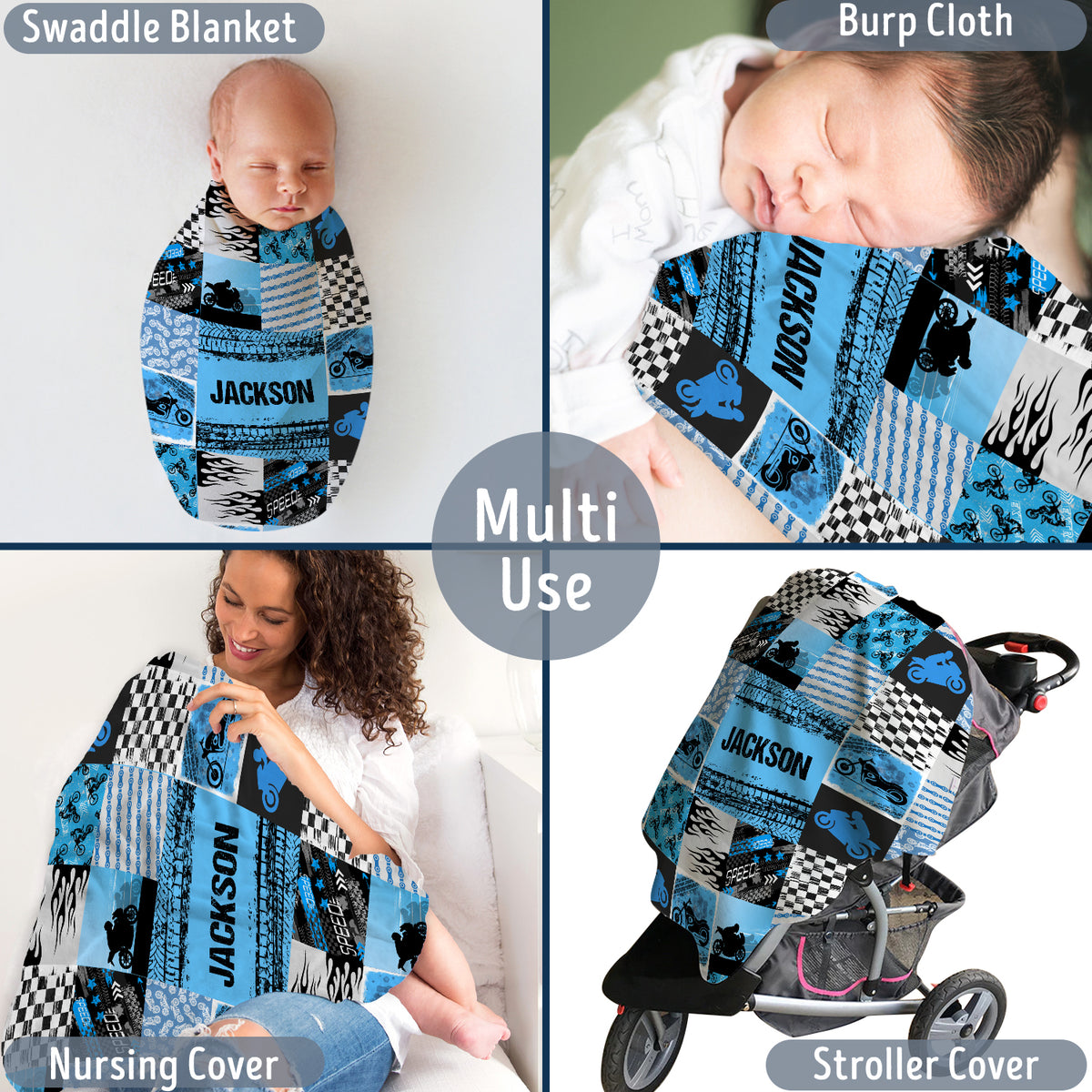Baby Motorcycle Blanket, Motorcycle Baby Blankets, Personalized Baby Blankets for Boys, Custom Baby Blankets Name, Motorcycling Swaddle Blanket, Blue Plush Blankets for Baby Girl Son Toddlers Kids