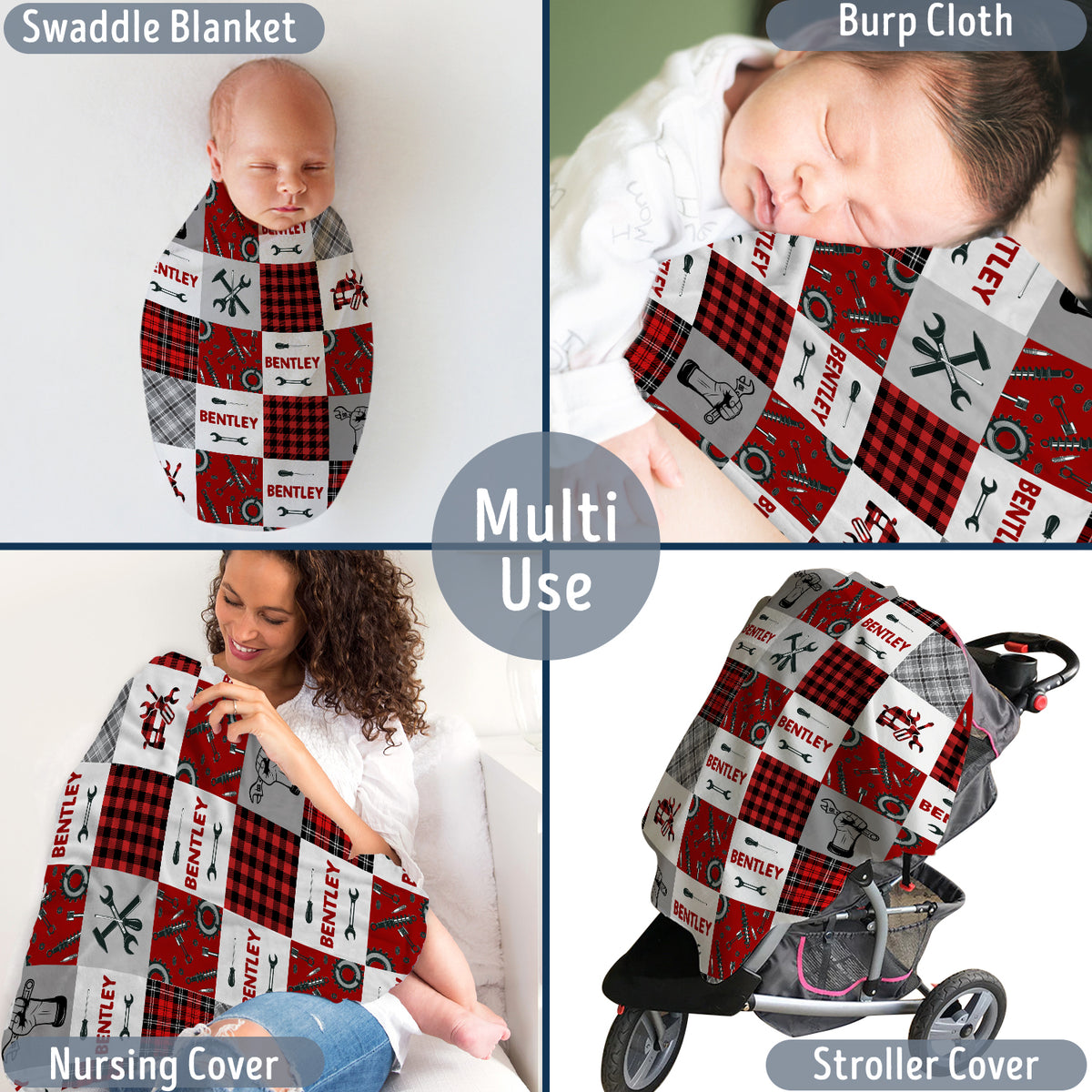 Baby Blanket with Name, Mechanic Baby Blankets, Personalized Baby Blankets for Boys Girls, Custom Baby Blankets Name, Baby Swaddle Blanket, Red Plush Blankets for Daughter Son Newborn Toddlers Kids