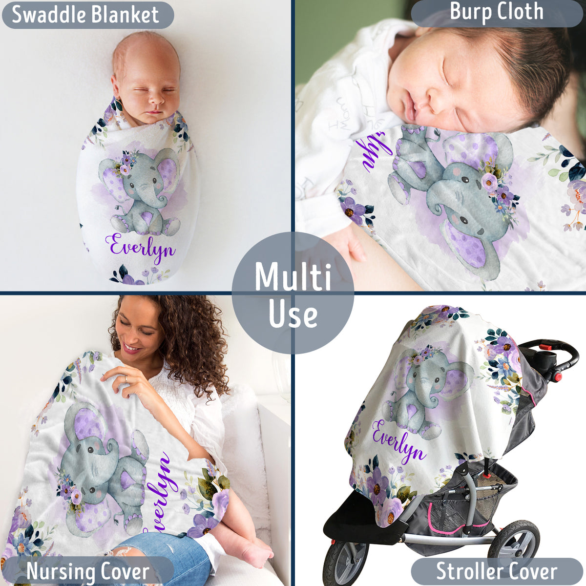 Elephant Baby Blankets, Personalized Baby Blankets for Girls, Custom Baby Elephant Blankets with Purple Flowers, Baby Girl Swaddle Blankets, Plush Blankets for Newborn Infant Daughter Granddaughter