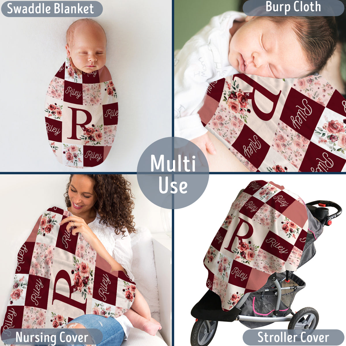 Rose Baby Blankets, Floral Baby Blankets Monogrammed, Personalized Baby Blankets, Custom Blanket with Name for Baby Girl, Flowers Fleece Blanket for Girls, Plush Blanket for Daughter Kids
