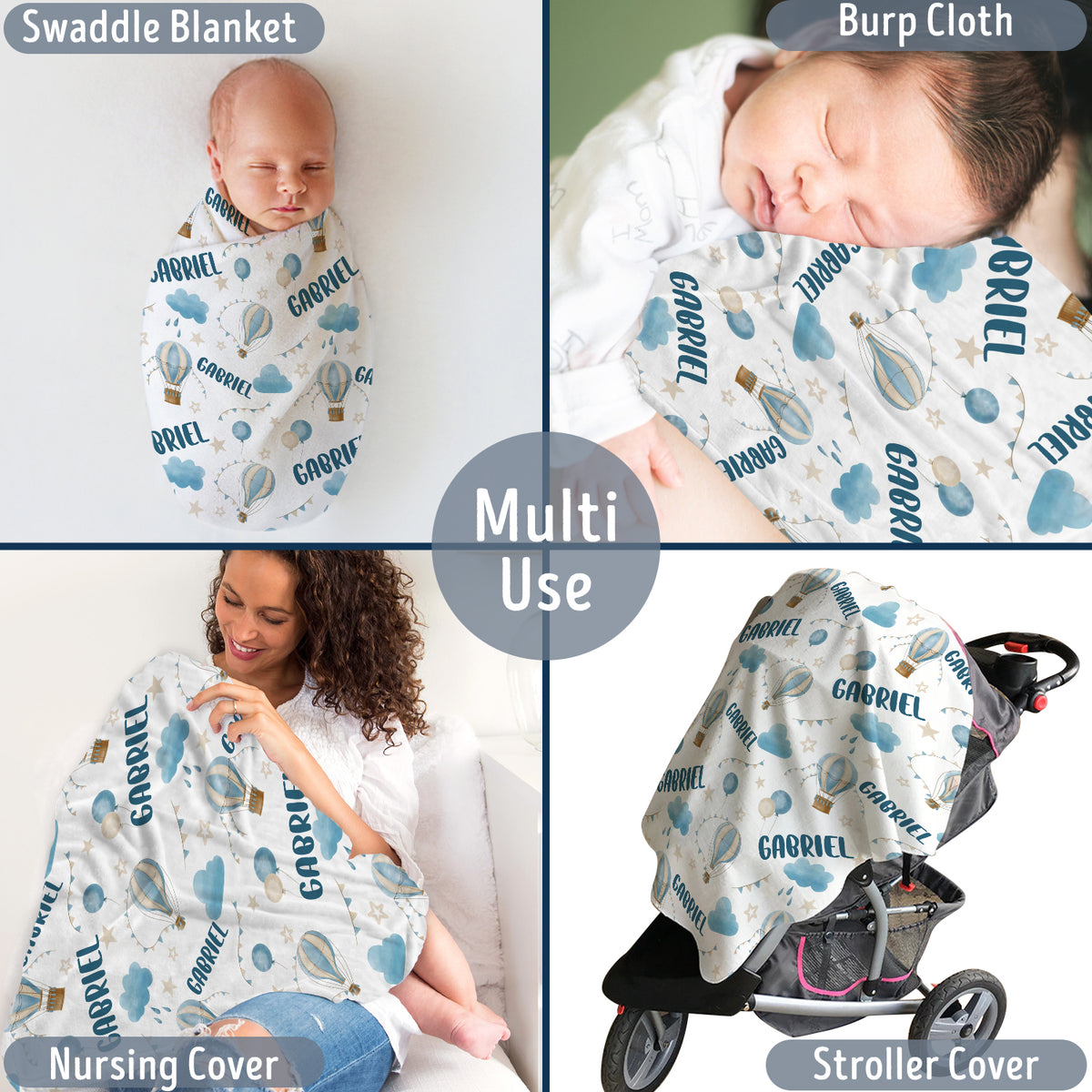 Personalized Blue Airballoon Baby Blankets for Girls, Baby Girl Blanket with Name, Custom Name Baby Blanket, Blue Blankets for Daughter, Swaddle Blanket, Fleece Blanket for Newborn Toddlers Kids