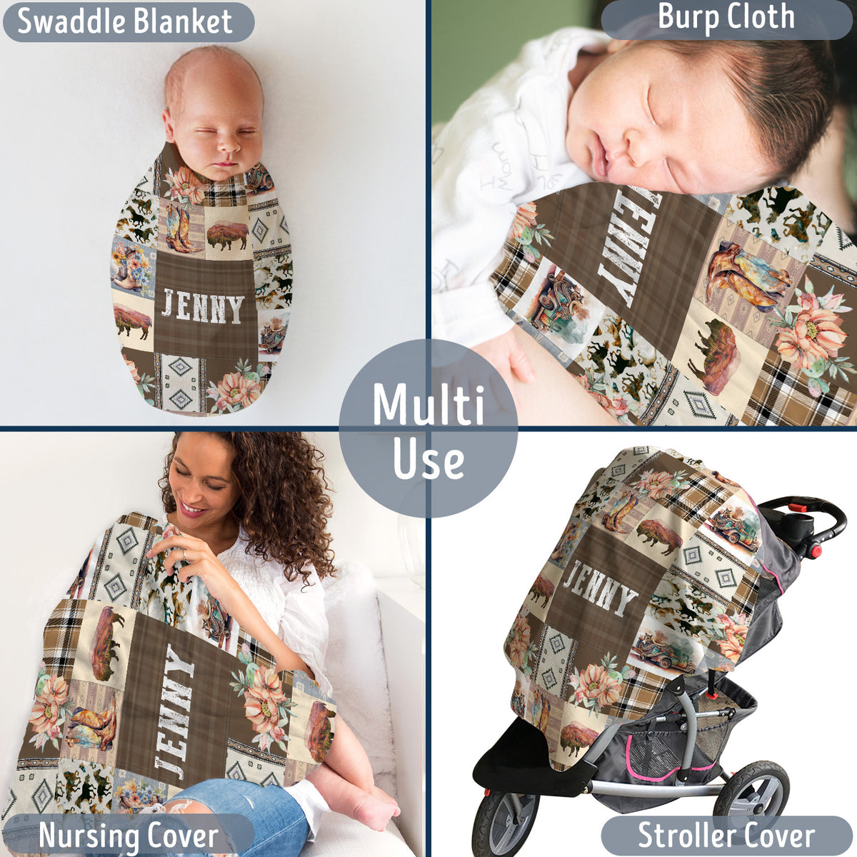 Baby Western Stuffs, Western Baby Blanket, Personalized Baby Blankets for Girls, Cowboy Baby Blanket Name, Custom Name Baby Blankets Girl, Swaddle Blanket with Cow Prints for Crib Stroller Bed Travel