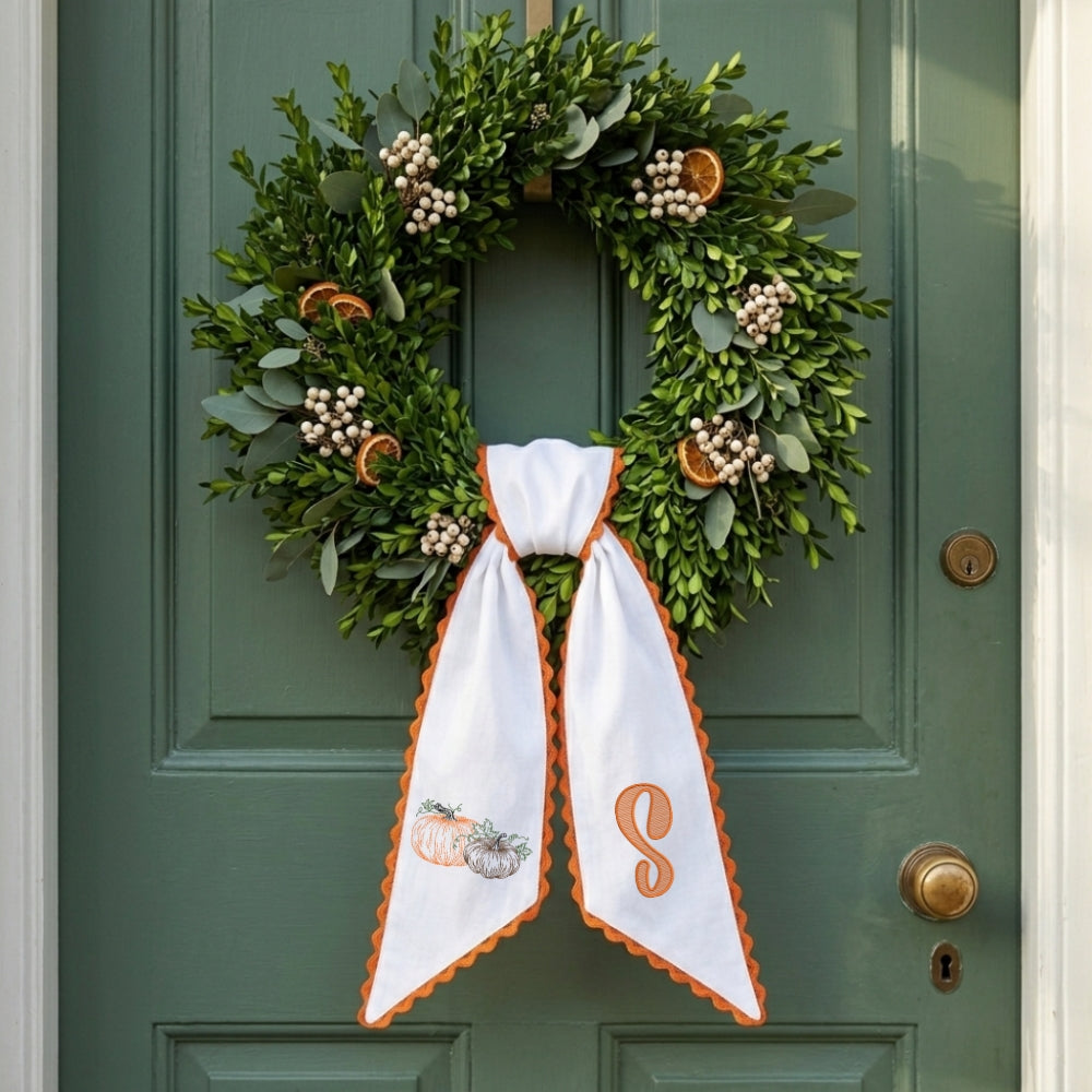 Fall Wreath Sash Bow Embroidered Initials, Personalized Monogram Wreath Sashes 54x5 in, Pumpkins Wreath Ribbon for Front Door, Garland Accessories, Autumn Farmhouse Door Wreath Decor