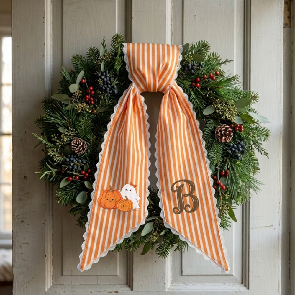 Fall Wreath Sash Bow Embroidered Initials, Personalized Monogram Wreath Sashes 54x5 in, Pumpkins Wreath Ribbon for Front Door, Garland Accessories, Autumn Farmhouse Door Wreath Decor