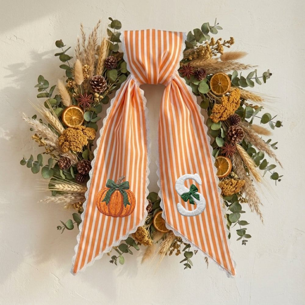 Fall Wreath Sash Bow Embroidered Initials, Personalized Monogram Wreath Sashes 54x5 in, Autumn Wreath Ribbon for Front Door, Garland Accessories, Farmhouse Door Wreath Decor, Pumpkins Monogram Sash