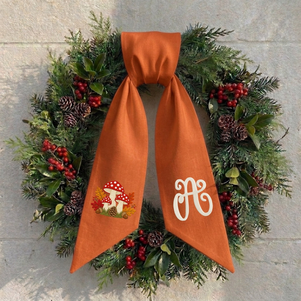 Embroidered Fall Wreath Sash Bow with Initials, Personalized Monogram Wreath Sashes 54x5 in, Mushroom Wreath Ribbon for Front Door, Garland Accessories, Autumn Farmhouse Door Wreath Decor