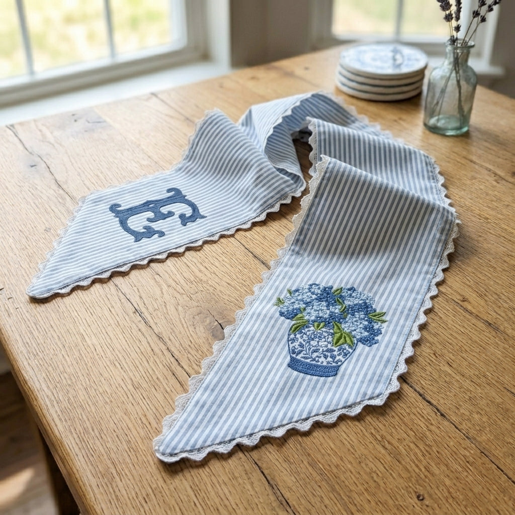 Blue Hydrangea Monogram Wreath Sash Bow for Front Door, Personalized Initial Name, Monogramed Embroidered Ribbon with Adjustable Bow Knot Farmhouse Door Wreath Decor, Gift for Family Friends