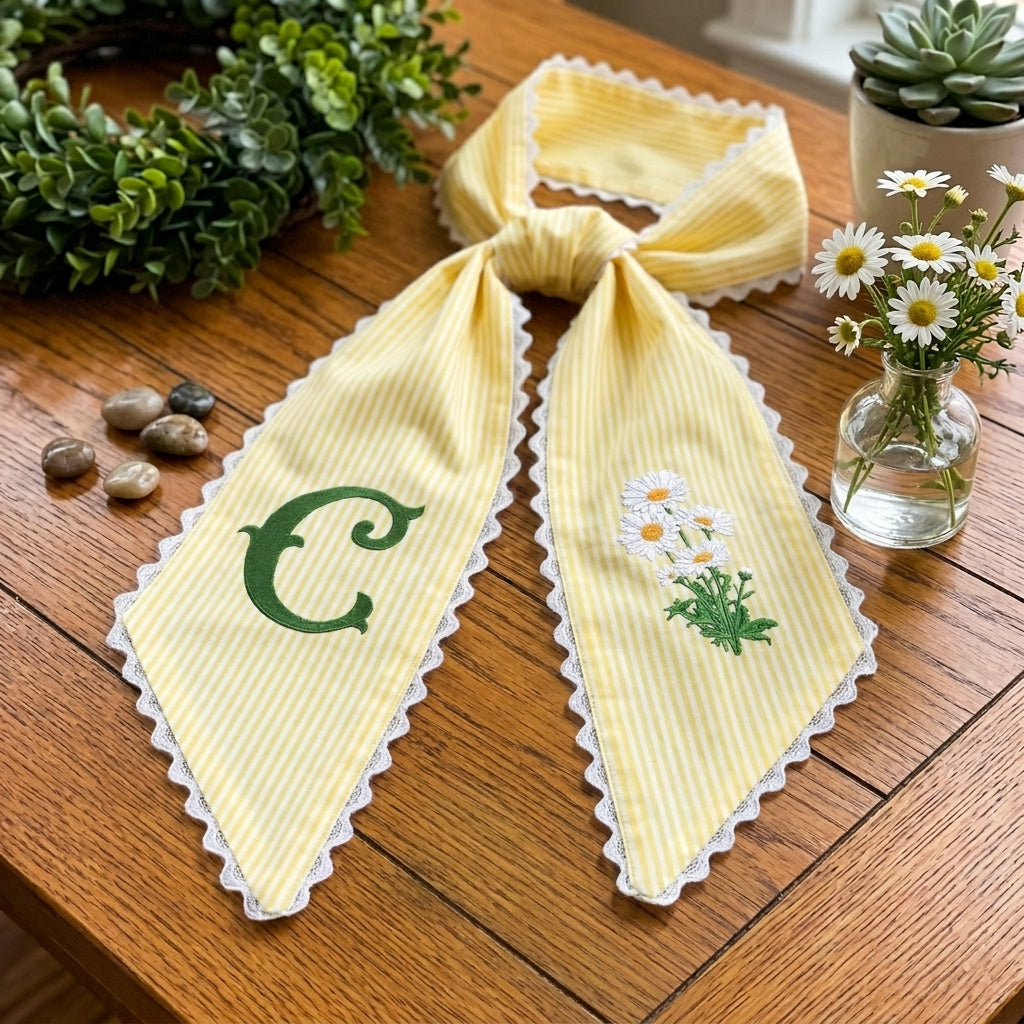Daisy Wreath Sash for Front Door, Embroidered Flowers Wreath Sash 54x5 Inch, Personalized Initial Monogram Sash Front Door Decor, Bow Ribbon Wreath Sashes for Family Friends