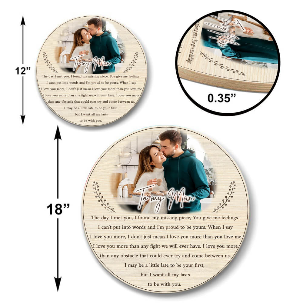 MeMate Custom Couple Photo Printed Wooden Sign Hanging Wall Decor - Personalized Round Rustic Wood Plaque Accessories for Anniversary, Christmas, Birthday, Newlyweds, Valentines Day