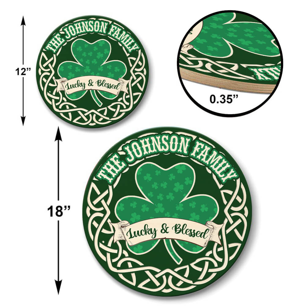 MeMate Personalized Wooden Name Signs for Family - Shamrock Round Printed Wood Sign - Lucky and Blessed Family Wall Hanging for Living Room, Table, Porch on St Patrick's Day