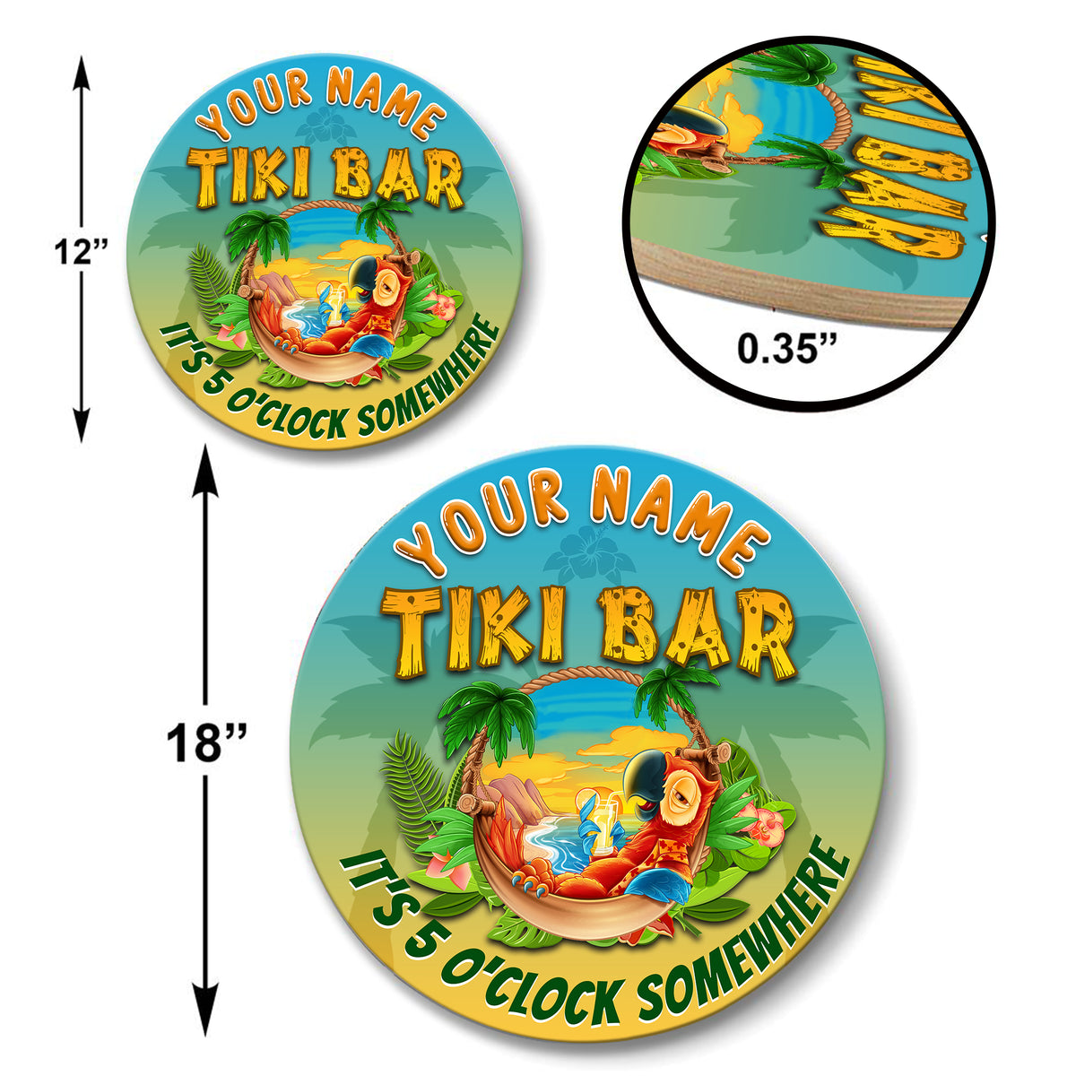 MeMate Custom Tiki Bar Sign – Personalized Wooden Name Sign for Backyard, Patio, Tiki Lounge, Beach Bar, Party Decors – Parrot Tropical Rustic Round Printed Wood Signs Wall Hanging Decorative