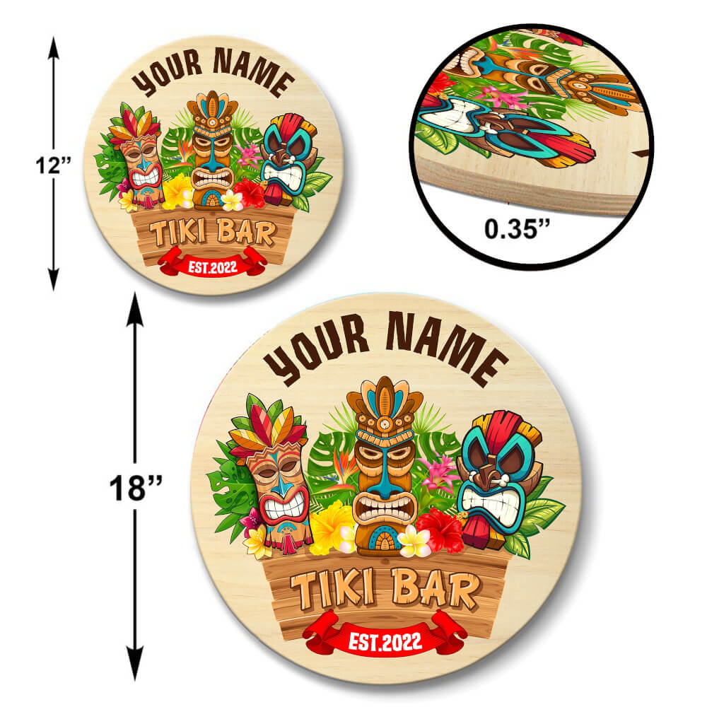 MeMate Custom Tiki Bar Sign - Personalized Wooden Name Sign for Tiki Lounge, Backyard, Patio, Beach Bar, Party Decors - Vintage Rustic Round Printed Wood Signs Wall Hanging Decorative