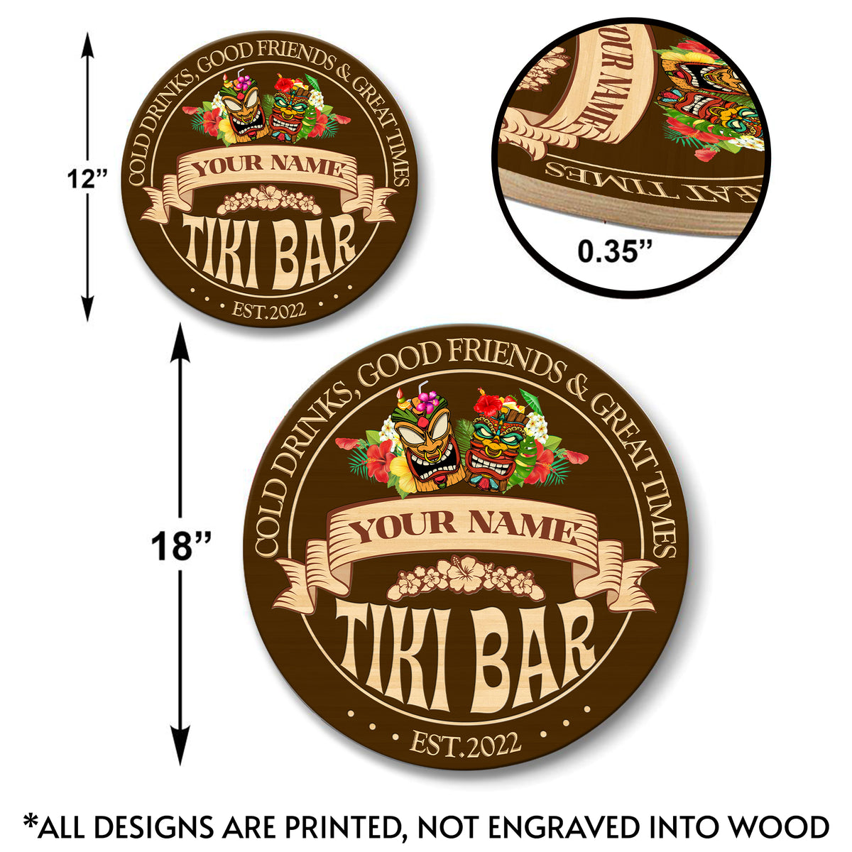 MeMate Tiki Bar Sign – Tiki Lounge Decor - Personalized Wooden Name Sign for Poolside, Patio, Backyard, Beach Party Decors – Custom Year Tiki Bar Rustic Round Printed Wood Signs Wall Hanging Decorative
