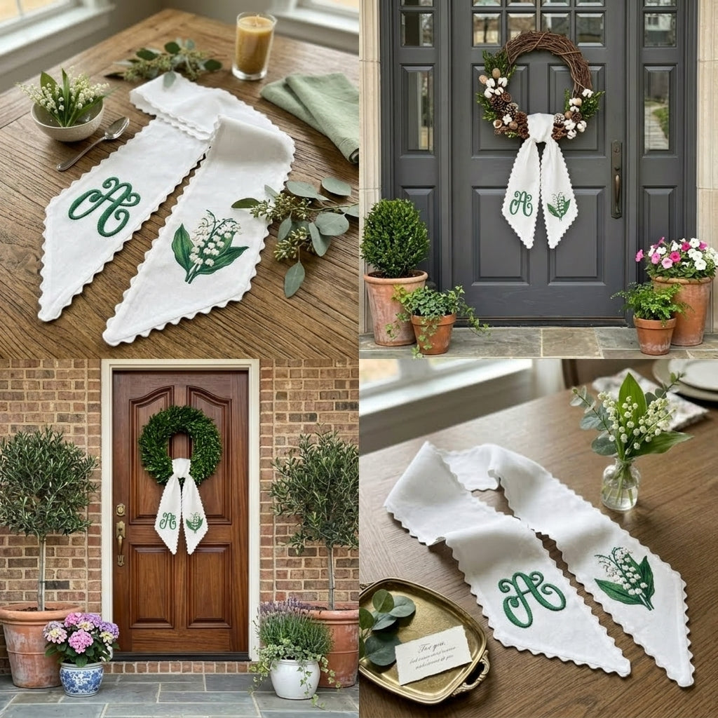 Lily Of The Valley Wreath Sash for Front Door, Embroidered Flowers Wreath Sash 54x5 Inch, Personalized Initial Monogram Sash Front Door Decor, Bow Wreath Sashes