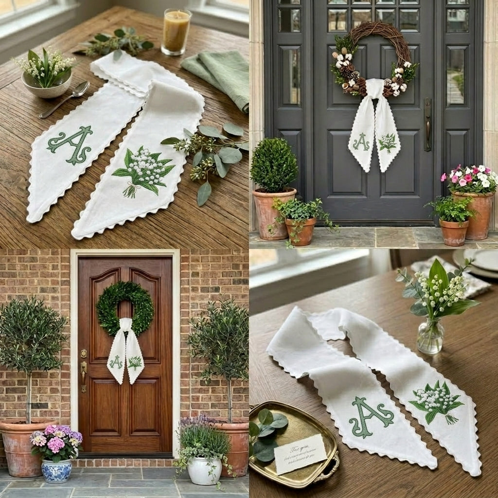 Lily Of The Valley Wreath Sash for Front Door, Embroidered Flowers Wreath Sash 54x5 Inch, Personalized Initial Monogram Sash Front Door Decor, Bow Wreath Sashes for Family Friends