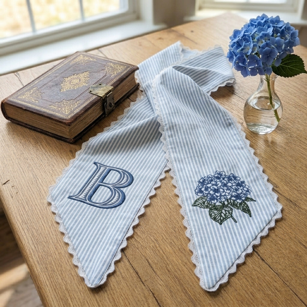 Monogram Wreath Sash Bow for Front Door, Personalized Initial Name, Blue Hydrangea Monogramed Embroidered Ribbon with Adjustable Bow Knot Farmhouse Door Wreath Decor, Gift for Family Friends