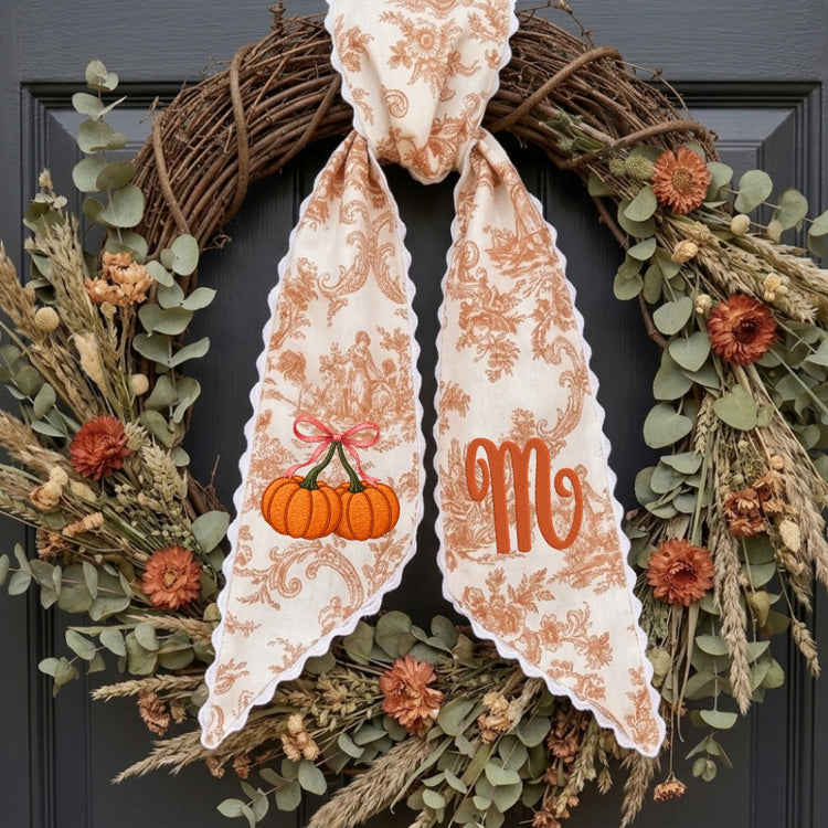 Embroidered Fall Wreath Sash Bow with Initials, Personalized Monogram Wreath Sashes 54x5 in, Pumpkins Wreath Ribbon for Front Door, Garland Accessories, Autumn Farmhouse Door Wreath Decor