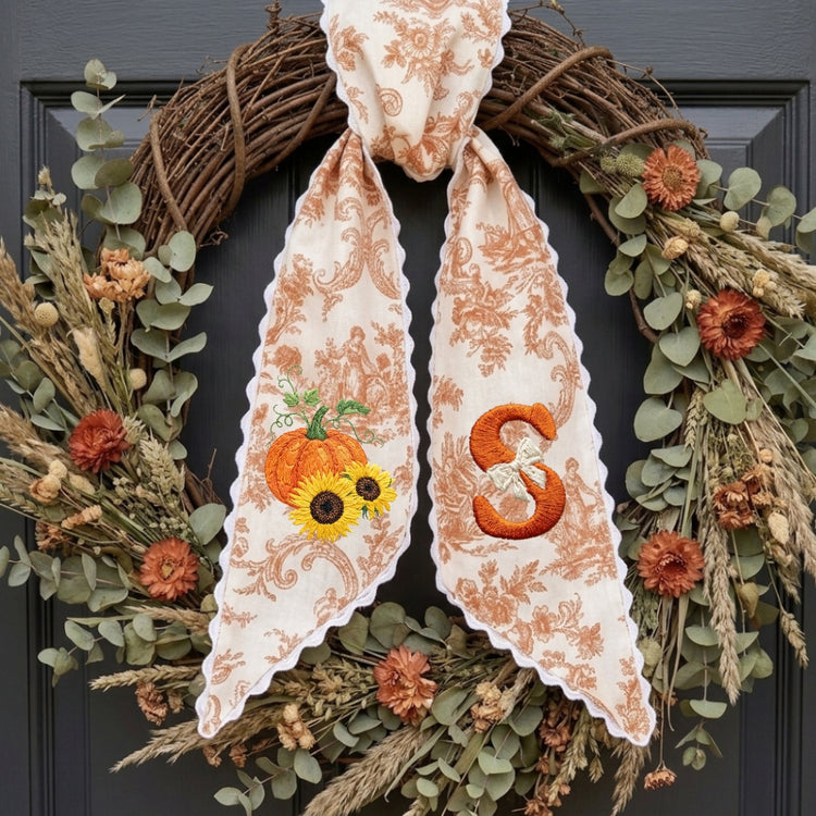 Embroidered Fall Wreath Sash Bow with Initials, Personalized Monogram Wreath Sashes 54x5 in, Autumn Wreath Ribbon for Front Door, Pumpkin with Sunflowers Farmhouse Door Wreath Decor